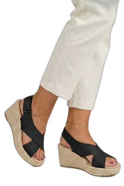 Comfortable Black Leather Espadrilles for Women with Wedge Slingback Open Toe Casual Style