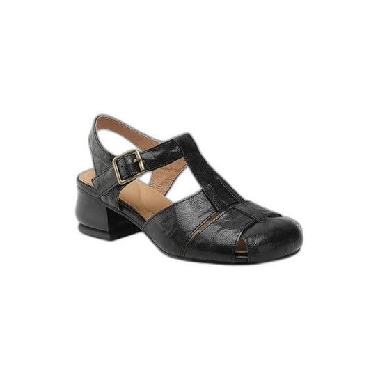 Comfortable Black Leather Heels for Women with Block Heel Slingback Closed Toe Buckle Casual Style