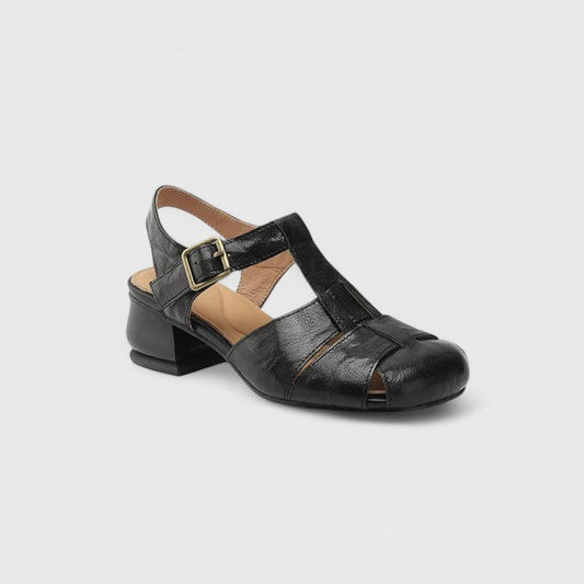 Comfortable Black Leather Heels for Women with Block Heel Slingback Closed Toe Buckle Casual Style
