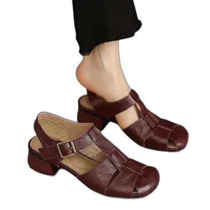 Comfortable Black Leather Heels for Women with Block Heel Slingback Closed Toe Buckle Casual Style