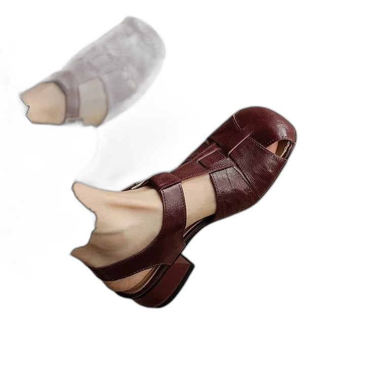 Comfortable Black Leather Heels for Women with Block Heel Slingback Closed Toe Buckle Casual Style