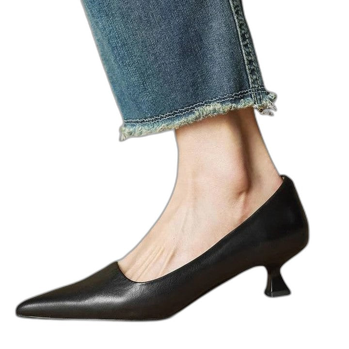 Comfortable Black Leather Heels for Women with Kitten Heel Pointed Toe Office Style