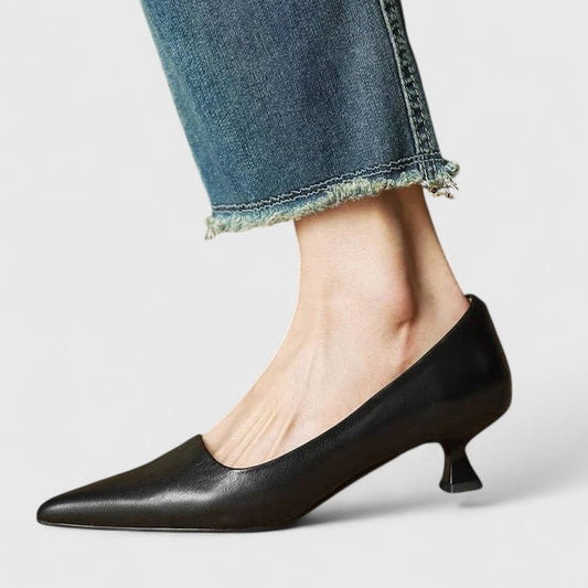 Comfortable Black Leather Heels for Women with Kitten Heel Pointed Toe Office Style