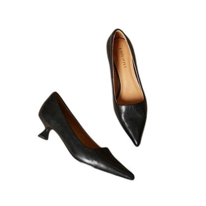 Comfortable Black Leather Heels for Women with Kitten Heel Pointed Toe Office Style