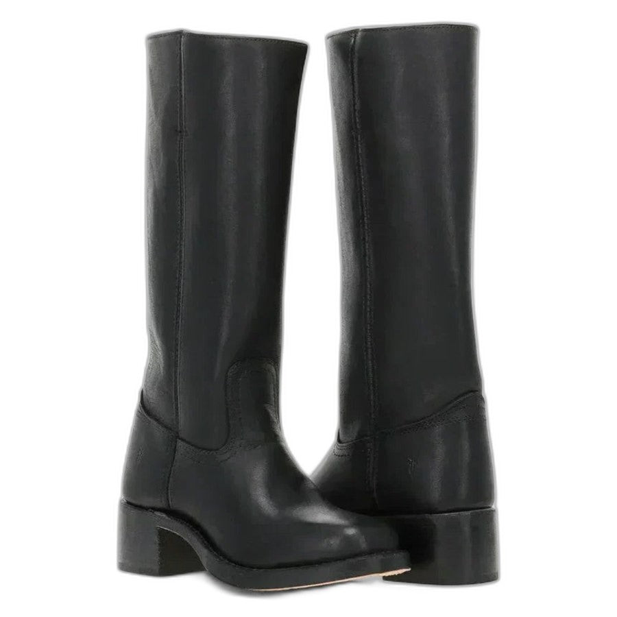 Comfortable Black Leather Knee High Boots for Women with Block Heel Round Toe Casual Style