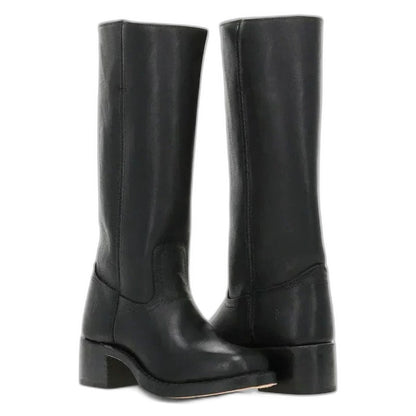 Comfortable Black Leather Knee High Boots for Women with Block Heel Round Toe Casual Style