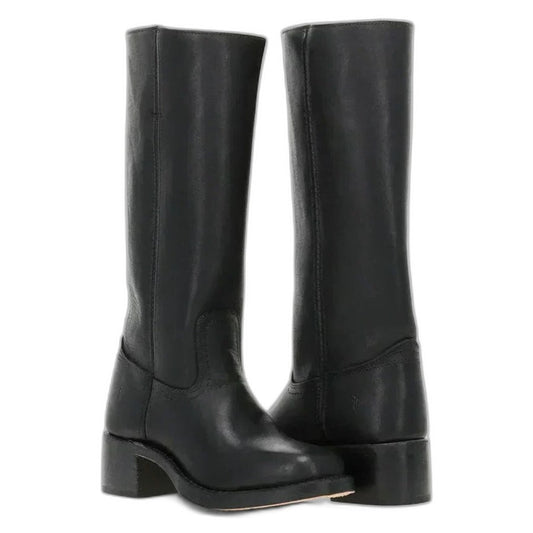 Comfortable Black Leather Knee High Boots for Women with Block Heel Round Toe Casual Style