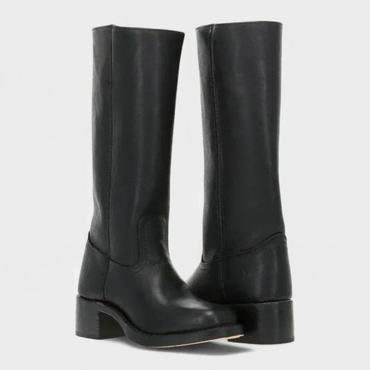 Comfortable Black Leather Knee High Boots for Women with Block Heel Round Toe Casual Style