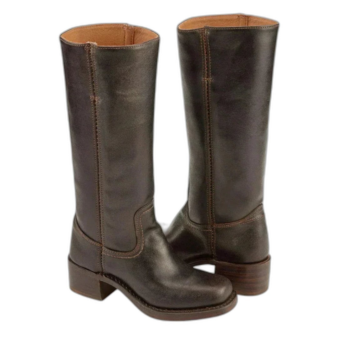 Comfortable Black Leather Knee High Boots for Women with Block Heel Round Toe Casual Style