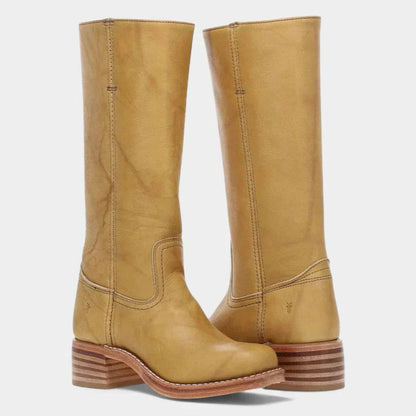 Comfortable Black Leather Knee High Boots for Women with Block Heel Round Toe Casual Style