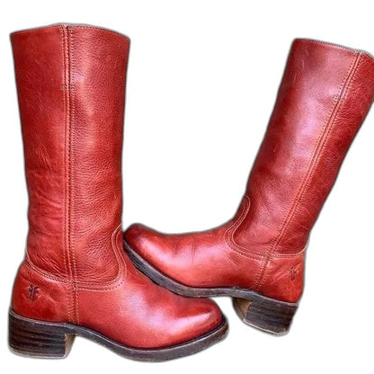 Comfortable Black Leather Knee High Boots for Women with Block Heel Round Toe Casual Style