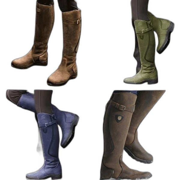 Comfortable Black Leather Knee High Boots for Women with Closed Toe Buckle Casual Style