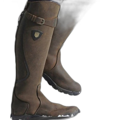 Comfortable Black Leather Knee High Boots for Women with Closed Toe Buckle Casual Style