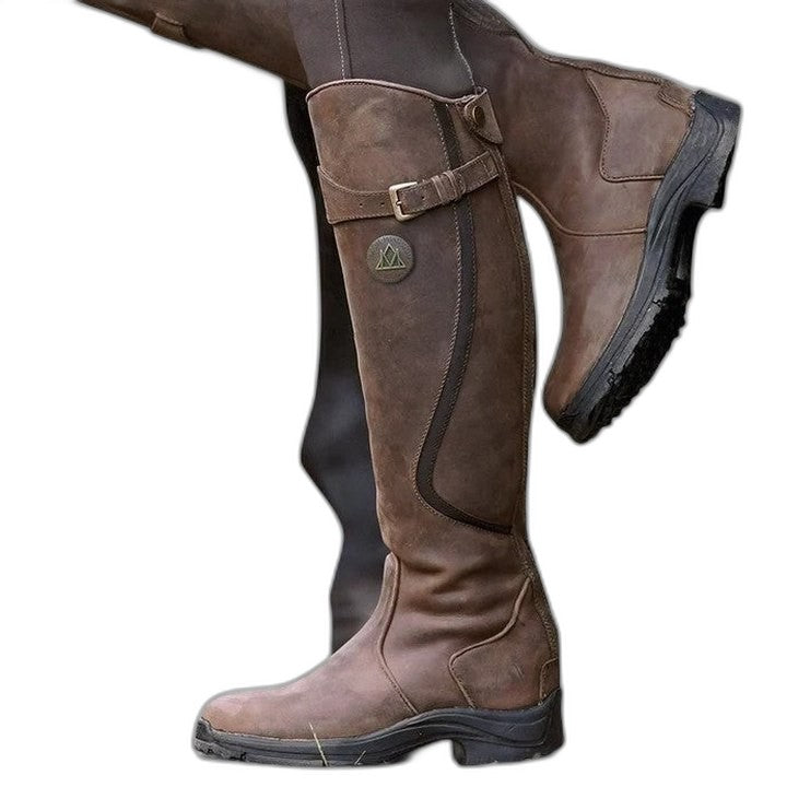 Comfortable Black Leather Knee High Boots for Women with Closed Toe Buckle Casual Style