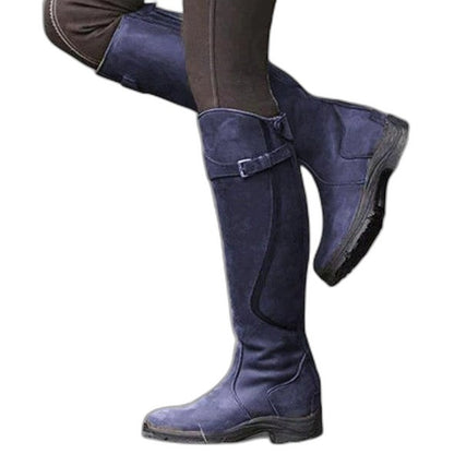 Comfortable Black Leather Knee High Boots for Women with Closed Toe Buckle Casual Style