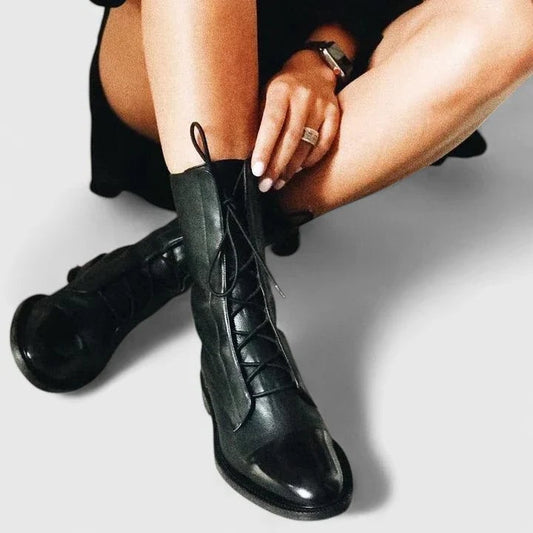 Comfortable Black Leather Knee High Boots for Women with Closed Toe Lace Up Casual Style