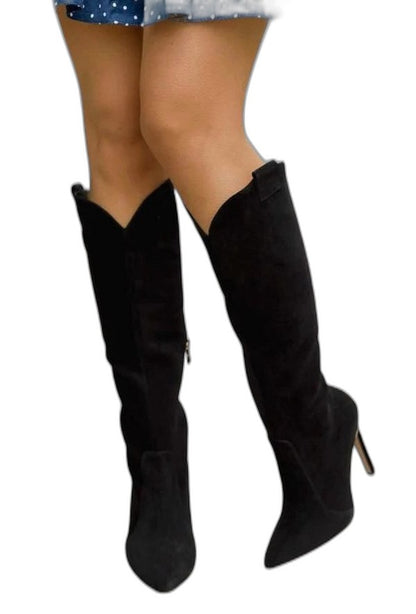 Comfortable Black Leather Knee High Boots for Women with Pointed Toe Party Style