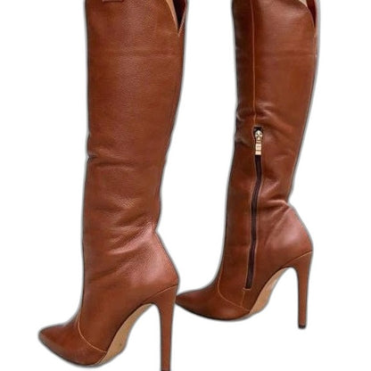 Comfortable Black Leather Knee High Boots for Women with Pointed Toe Party Style