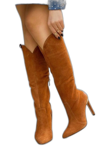 Comfortable Black Leather Knee High Boots for Women with Pointed Toe Party Style
