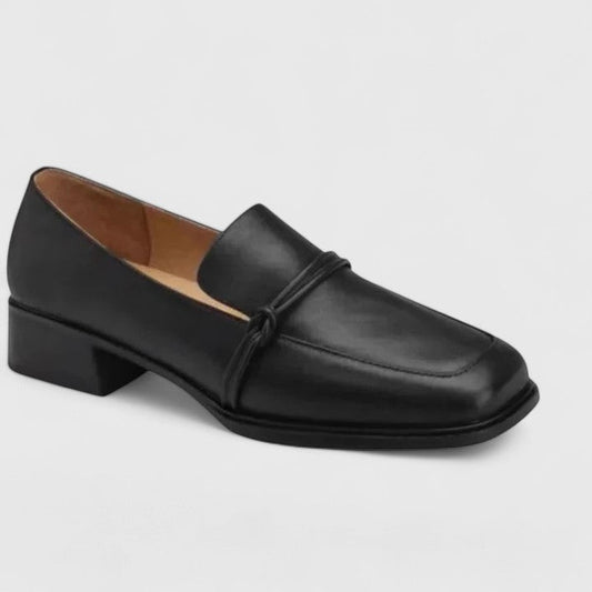 Comfortable Black Leather Loafers for Women with Block Heel Closed Toe Office Style