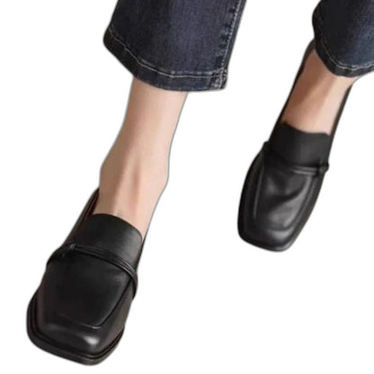 Comfortable Black Leather Loafers for Women with Block Heel Closed Toe Office Style