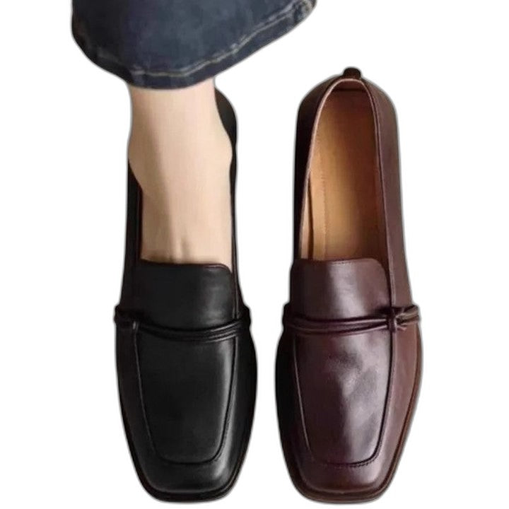 Comfortable Black Leather Loafers for Women with Block Heel Closed Toe Office Style