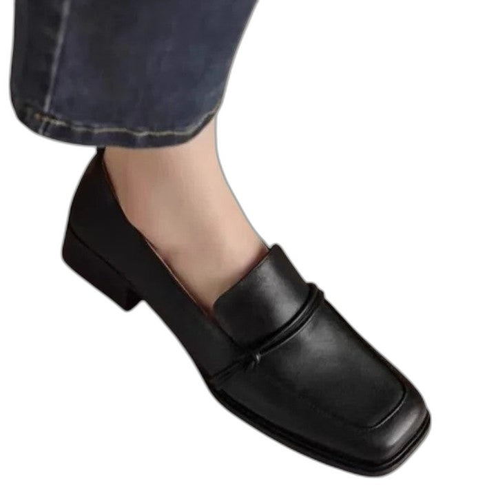 Comfortable Black Leather Loafers for Women with Block Heel Closed Toe Office Style