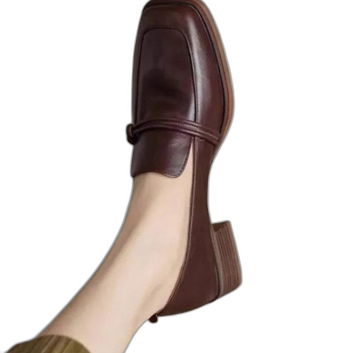 Comfortable Black Leather Loafers for Women with Block Heel Closed Toe Office Style