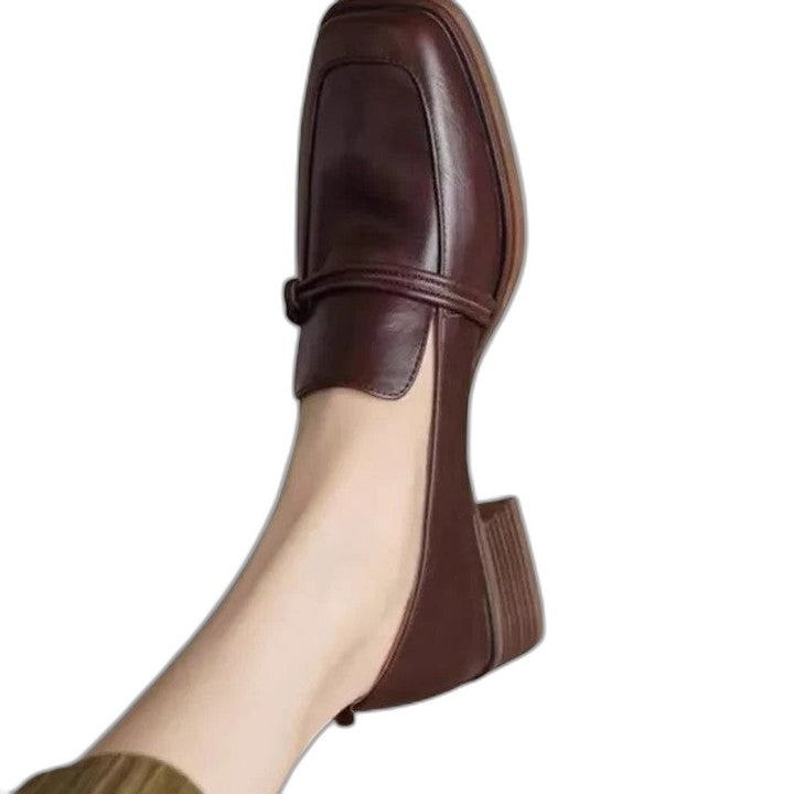 Comfortable Black Leather Loafers for Women with Block Heel Closed Toe Office Style