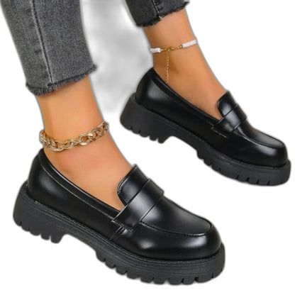 Comfortable Black Leather Loafers for Women with Platform Closed Toe Chain Strap Casual Style