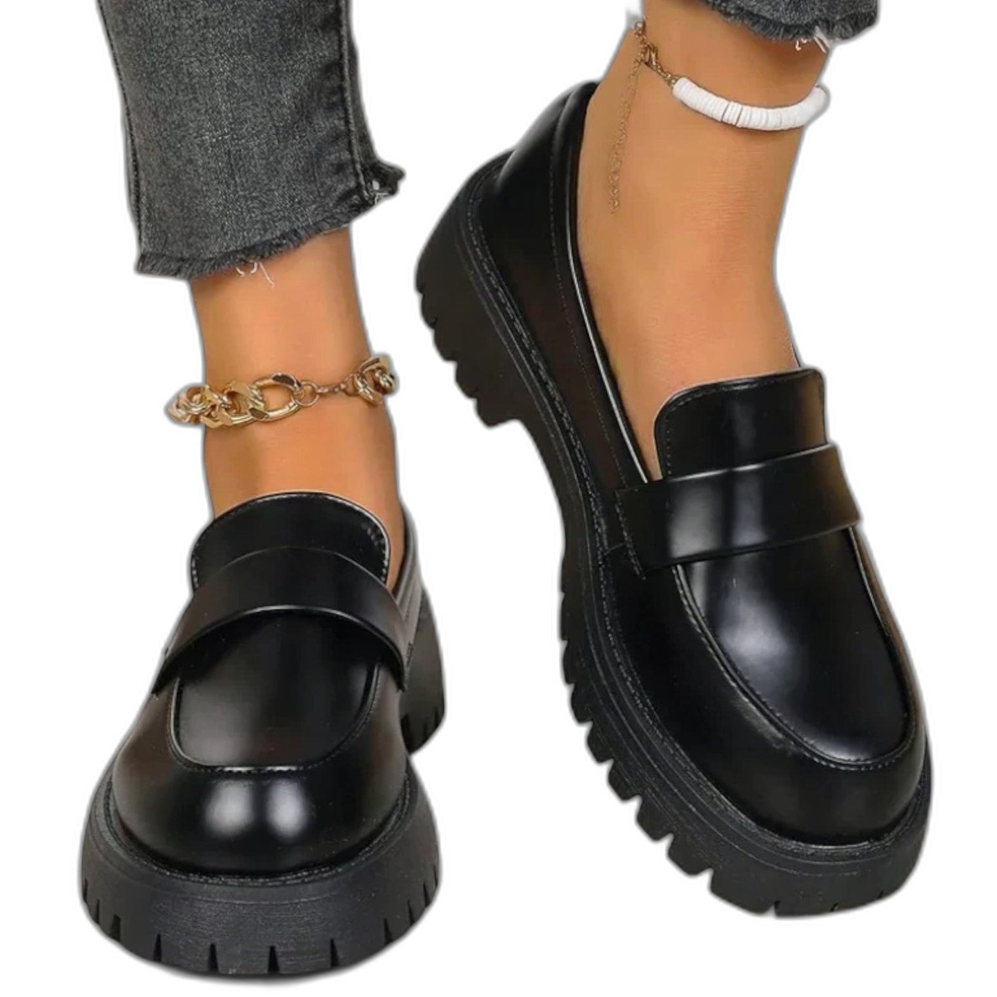 Comfortable Black Leather Loafers for Women with Platform Closed Toe Chain Strap Casual Style