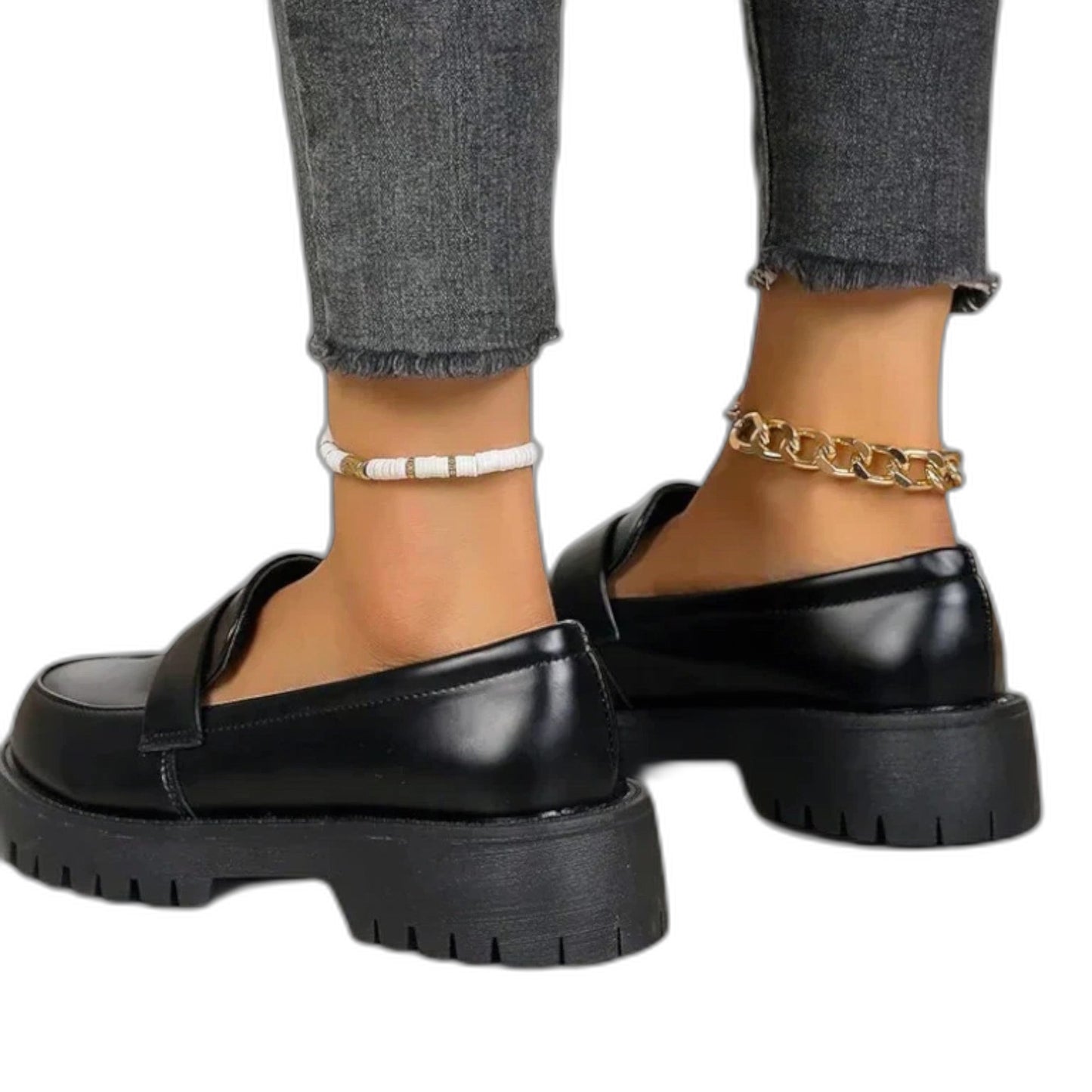 Comfortable Black Leather Loafers for Women with Platform Closed Toe Chain Strap Casual Style
