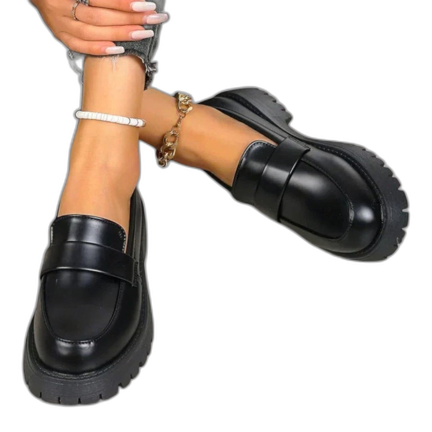 Comfortable Black Leather Loafers for Women with Platform Closed Toe Chain Strap Casual Style