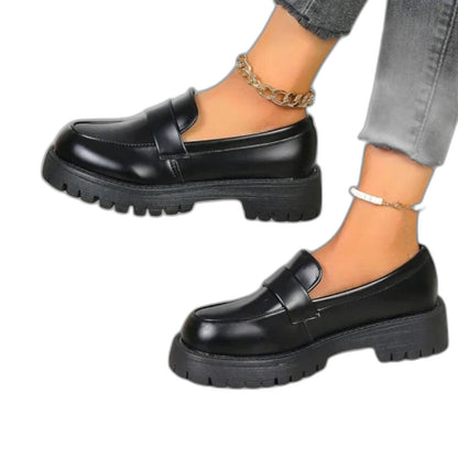 Comfortable Black Leather Loafers for Women with Platform Closed Toe Chain Strap Casual Style