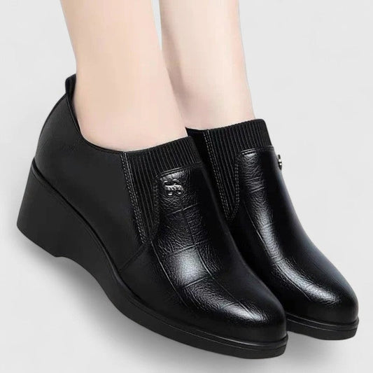 Comfortable Black Leather Loafers for Women with Wedge Pointed Toe Casual Style