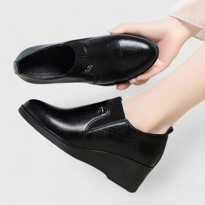 Comfortable Black Leather Loafers for Women with Wedge Pointed Toe Casual Style