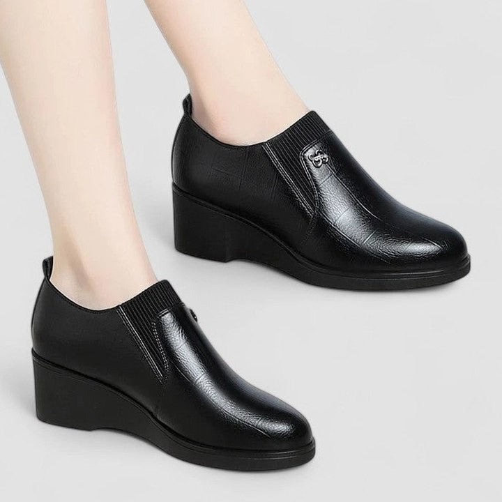 Comfortable Black Leather Loafers for Women with Wedge Pointed Toe Casual Style