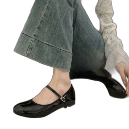 Comfortable Black Leather Mary Jane Shoes for Women with Ankle Strap Closed Toe Buckle Casual Style