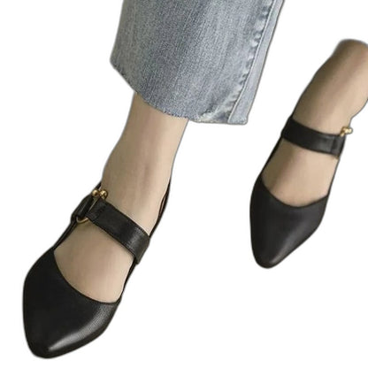 Comfortable Black Leather Mary Jane Shoes for Women with Ankle Strap Closed Toe Buckle Casual Style