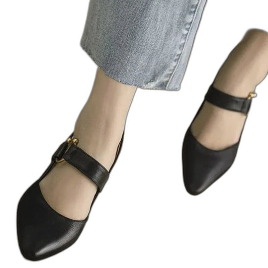 Comfortable Black Leather Mary Jane Shoes for Women with Ankle Strap Closed Toe Buckle Casual Style