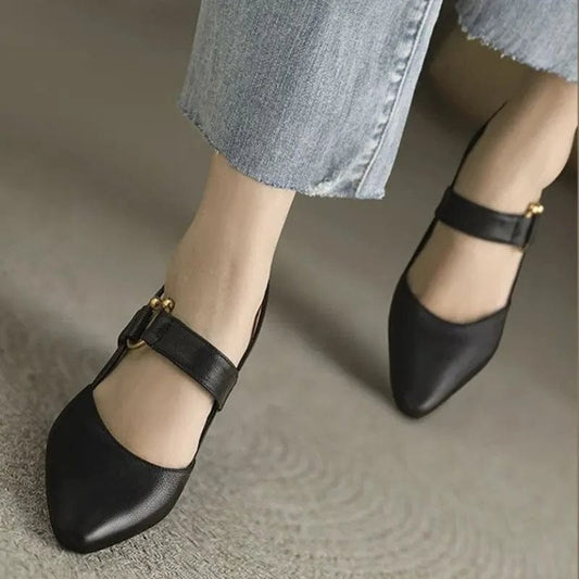 Comfortable Black Leather Mary Jane Shoes for Women with Ankle Strap Closed Toe Buckle Casual Style