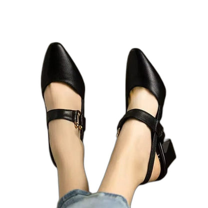 Comfortable Black Leather Mary Jane Shoes for Women with Ankle Strap Closed Toe Buckle Casual Style