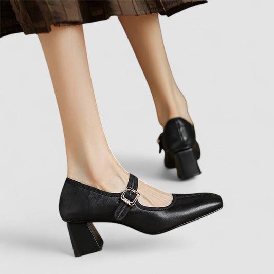 Comfortable Black Leather Mary Jane Shoes for Women with Block Heel Closed Toe Buckle Casual Style