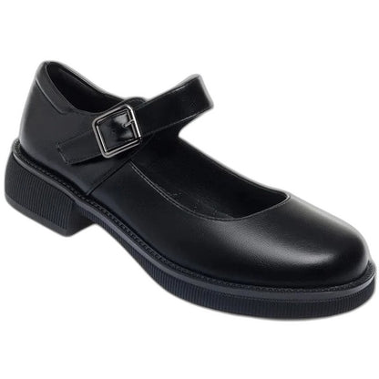 Comfortable Black Leather Mary Jane Shoes for Women with Block Heel Closed Toe Buckle Casual Style