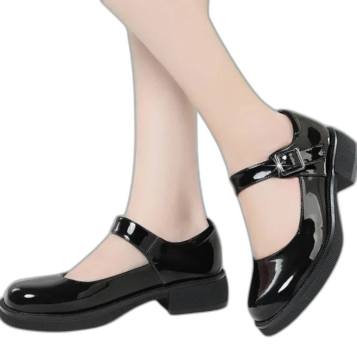 Comfortable Black Leather Mary Jane Shoes for Women with Block Heel Closed Toe Buckle Casual Style