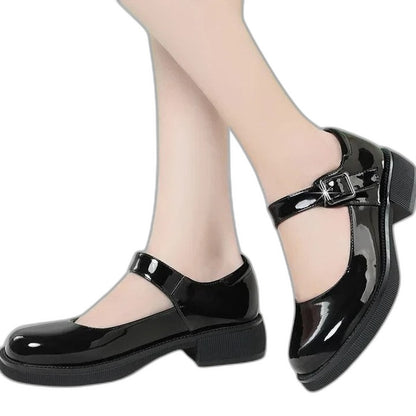 Comfortable Black Leather Mary Jane Shoes for Women with Block Heel Closed Toe Buckle Casual Style