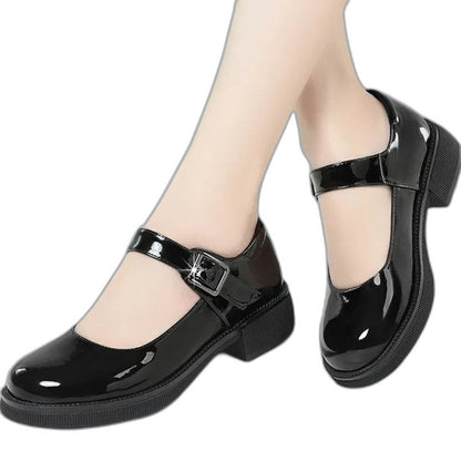 Comfortable Black Leather Mary Jane Shoes for Women with Block Heel Closed Toe Buckle Casual Style