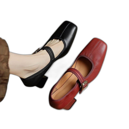Comfortable Black Leather Mary Jane Shoes for Women with Block Heel Closed Toe Buckle Casual Style