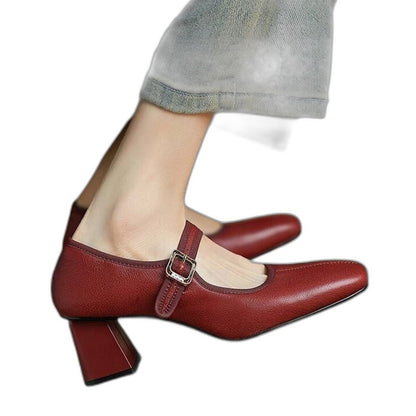Comfortable Black Leather Mary Jane Shoes for Women with Block Heel Closed Toe Buckle Casual Style