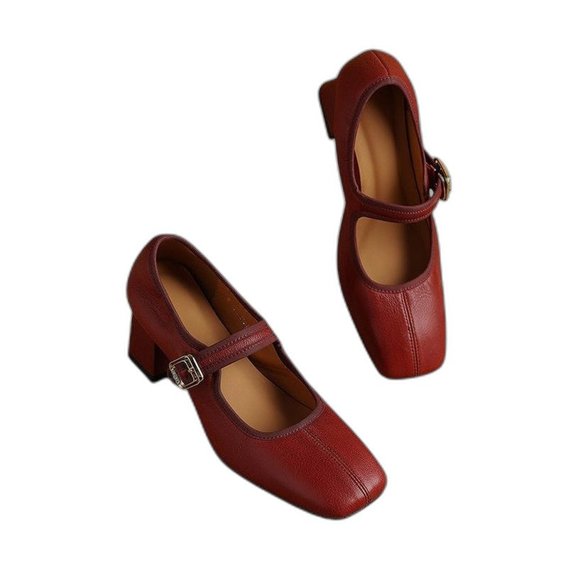 Comfortable Black Leather Mary Jane Shoes for Women with Block Heel Closed Toe Buckle Casual Style